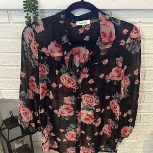 Calvin Klein Black and Pink Floral Blouse
